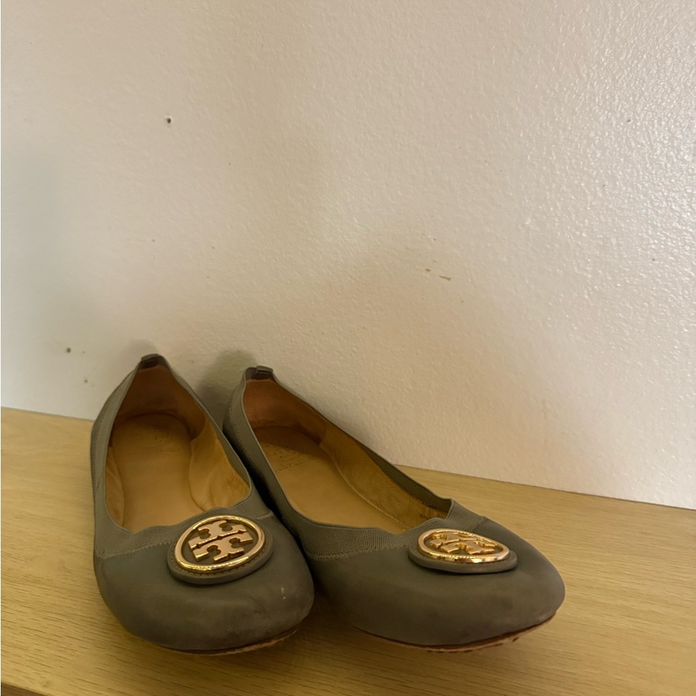 Tory Burch Taupe Flats with Gold Logo